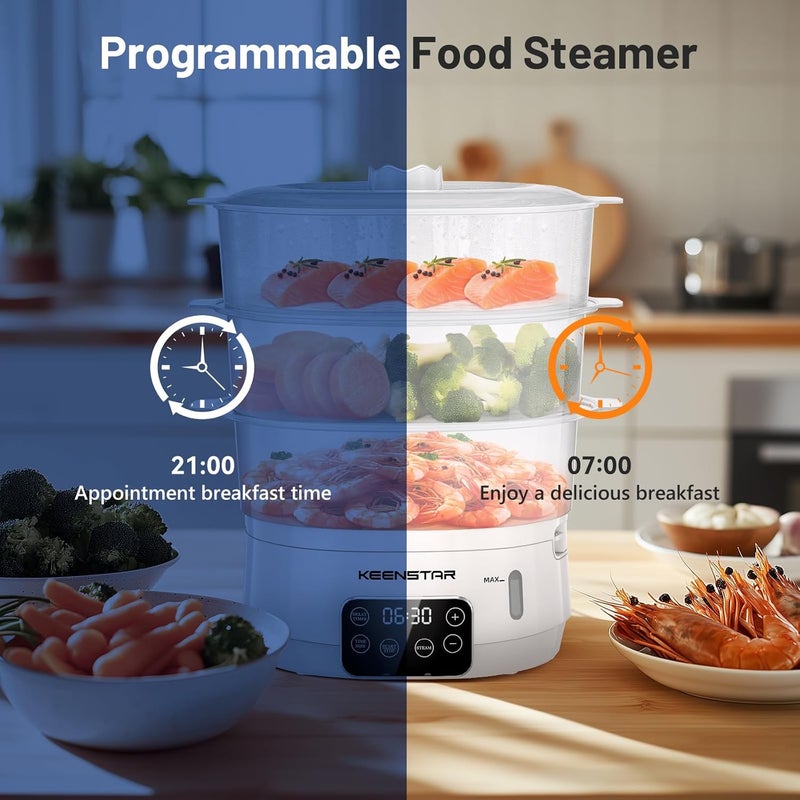 KEENSTAR بخار طعام كهربائي، بخار خضار سعة 13.7QT مع سلال خالية من BPA بثلاثة مستويات، بخار رقمي مع مؤقت وتعيين، طهي متزامن 800 واط، مثالي للخضار والمأكولات البحرية والأرز الأبيض - Image 5